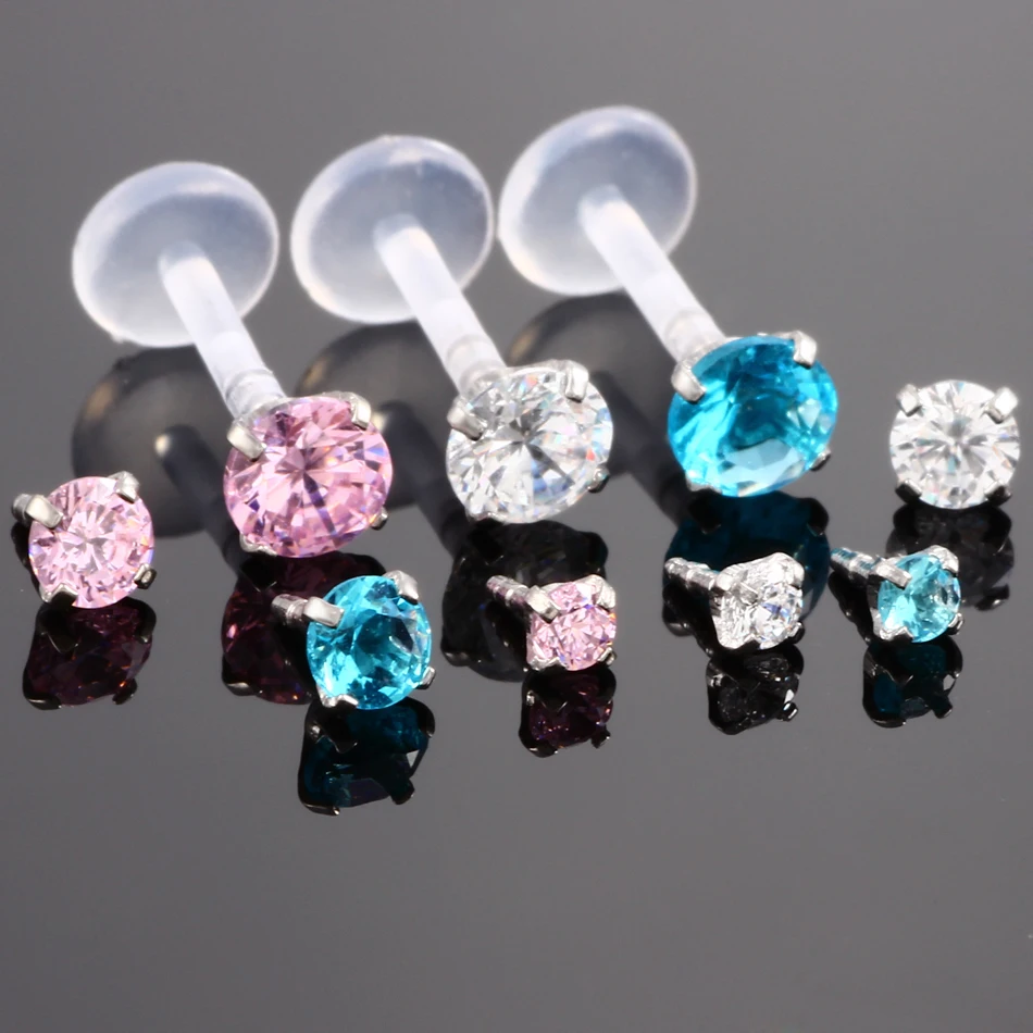 1PC Flexible Bioflex CZ Gem Push-in Labret Stud Lip Bar Ring Piercing Ear Cartilage Tragus Piercing Orelha Helix Earring Jewelry