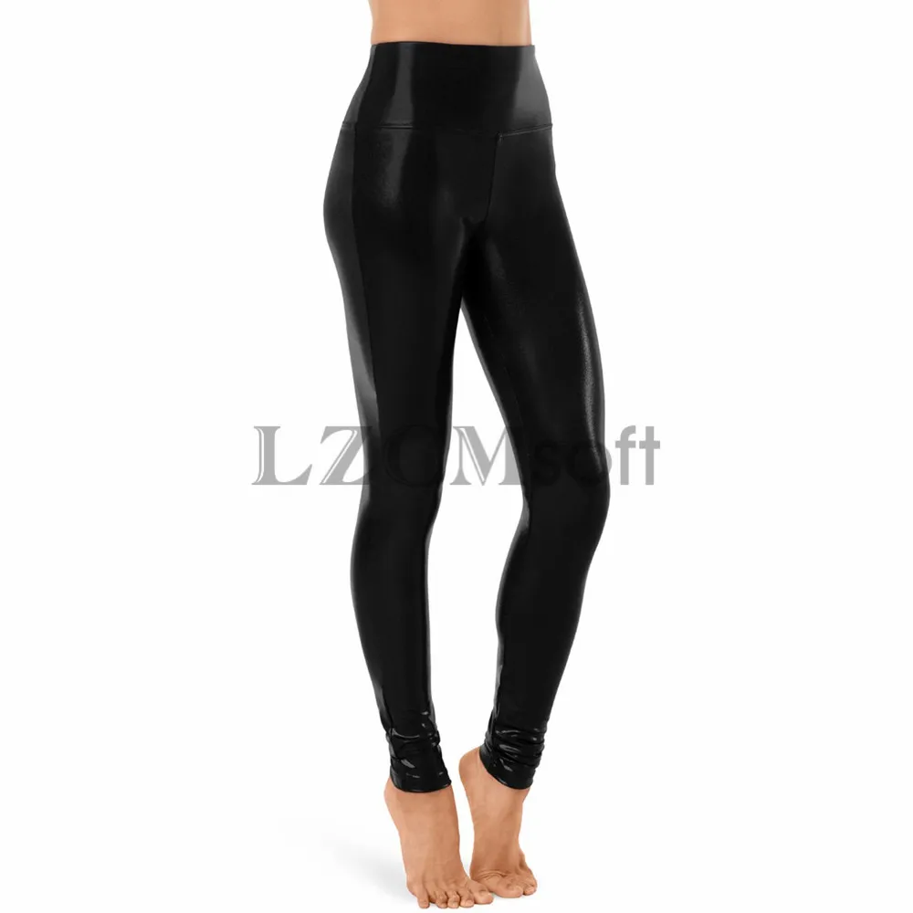 LZCMsoft Silver Women Leggings da ballo metallizzati lucidi pantaloni a vita alta a figura intera pantaloni a matita per la pelle Performance sul