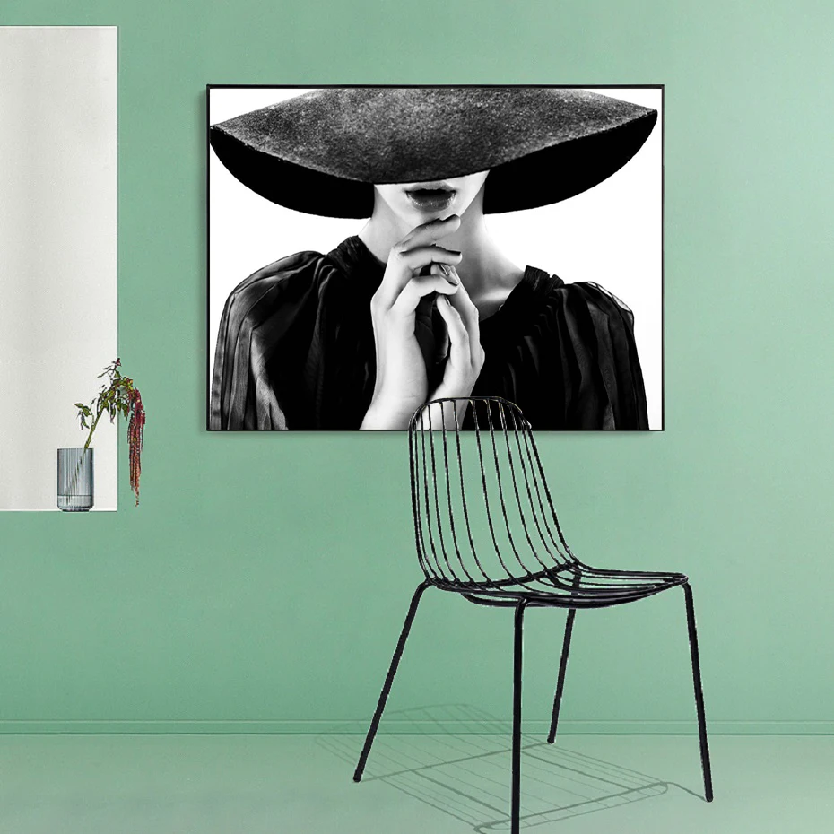 Minimalist Black and White Fashion Hat Woman Canvas Paintings Girls Prints Posters Bedroom Wall Pictures Living Room Decoration