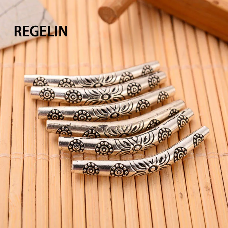 REGELIN  35*4mm 10pcs/lot Tibetan silver color  Curved Tube Spacers Beads for Necklace Bracelet DIY Jewelry Making findings