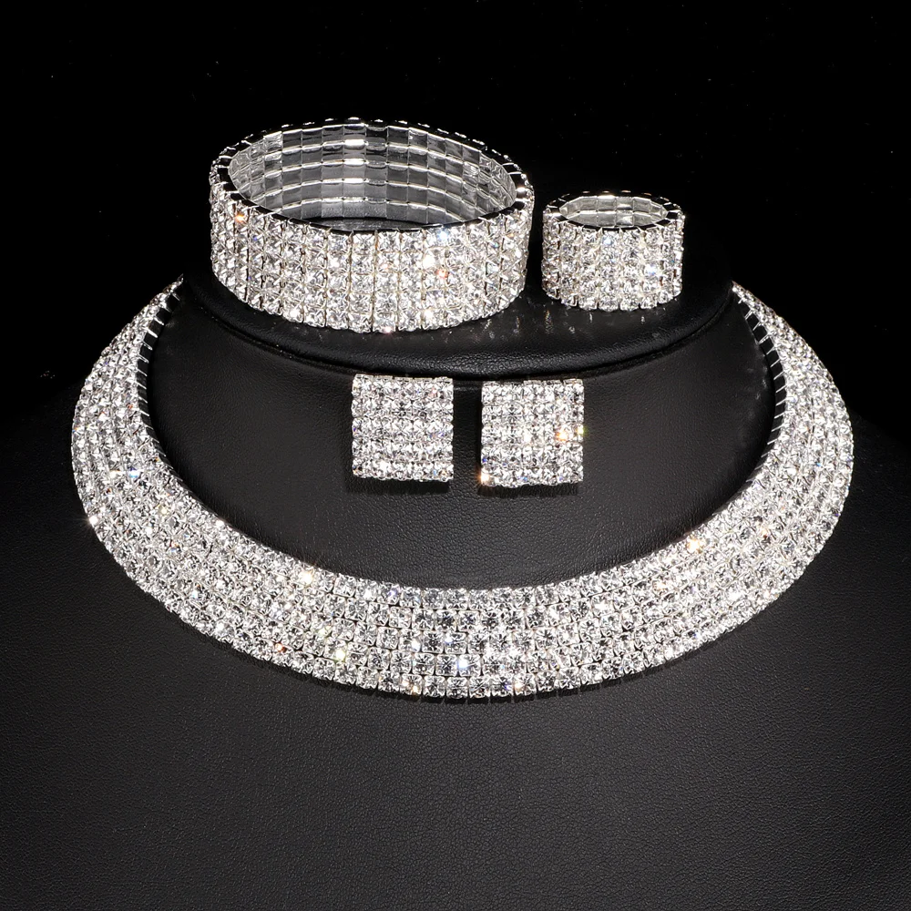 2023 New Luxury Romantic Crystal Wedding Jewelry Sets Silver Color Bridal Necklace Earrings Bracelets Ring Sets For Women W001