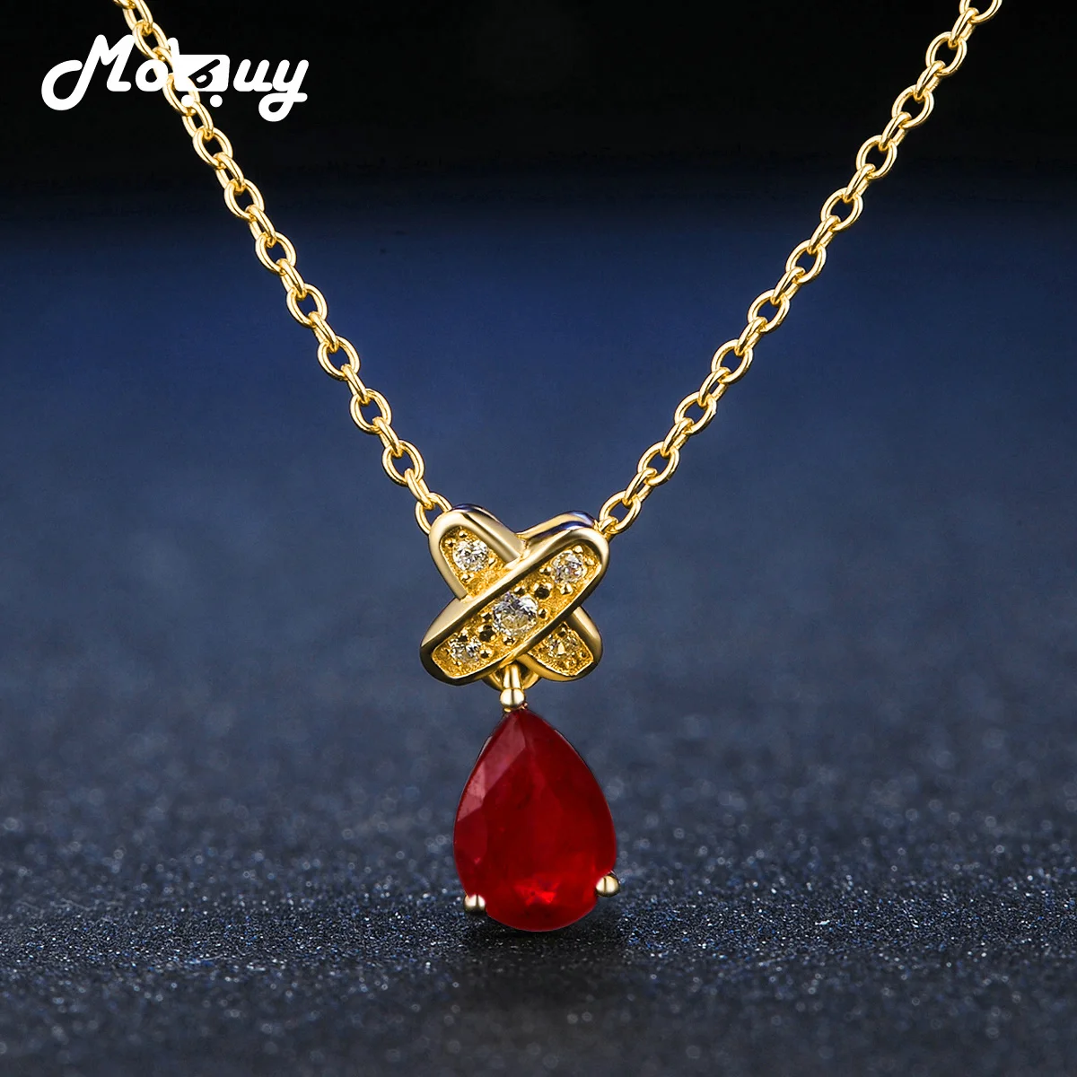 

MoBuy MBNI034 Natural Gemstone Elegant Ruby Teardrop Necklace & Pendant 925 Sterling Silver Yellow Gold Plated Fine Jewelry