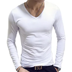 T-shirt à col en V pour hommes, T-shirt uni à manches longues, T-shirt slim fit, Armure de maillot de corps, T-shirt décontracté d'été, T-shirt de sous-vêtements en Y, Blanc, Noir