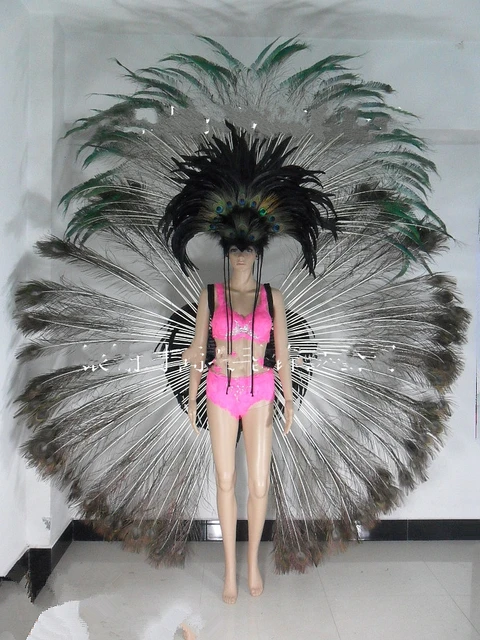 Ropa de plumas para mujer tocado de plumas mochila sujetador pantalones bikini espectaculos de baile Carnaval disfraz de plumas de pavo real negro AliExpress