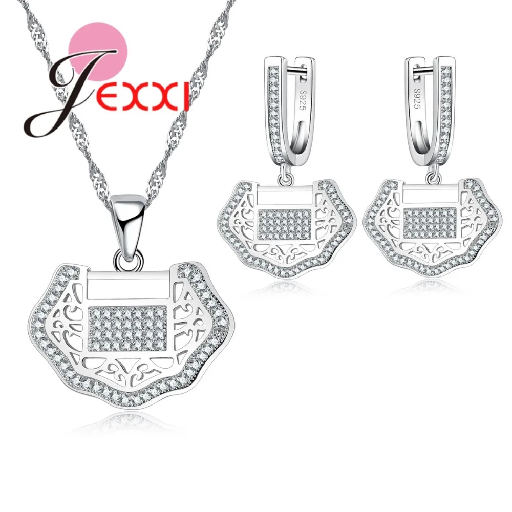 Longevity Lock for Good Healthy Jewelry Sets 925 Sterling Silver Color CZ Crystal Pave Pendant Necklace Earrings Set