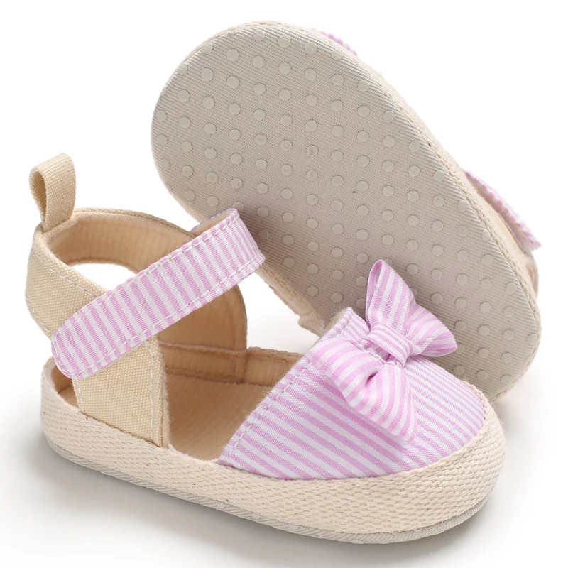 Newborn Baby Sandals Summer Toddler Girl Princess Canvas Soft Crib Shoes Bowknot Striped Shoes Prewalker Sneaker 0-18Months