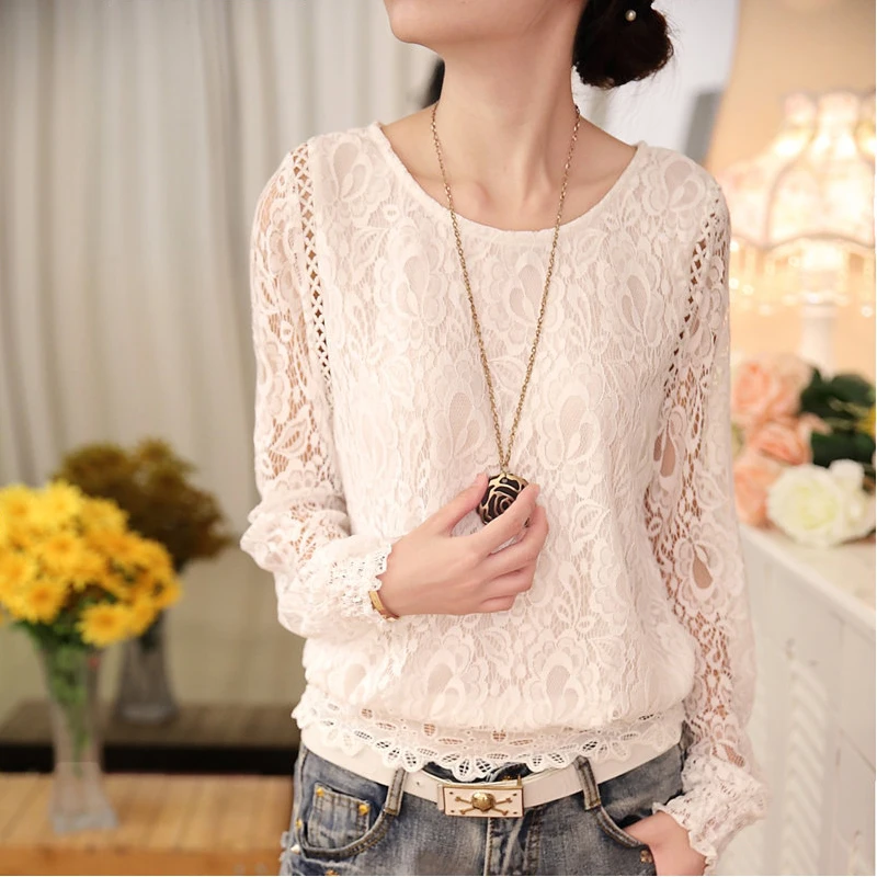 Jocoo Jolee Sexy Women Lace Blouse Shirts Long Sleeve Chiffon Lace Crochet Tops Ladies White Blusas Clothing Feminine Blouse