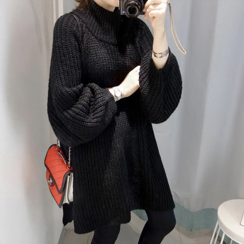Suéter largo y grueso para mujer, jerseys de cuello alto Medio con abertura lateral y manga farol, de gran tamaño, Otoño e Invierno