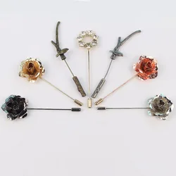 Advanced Men Retro Golden Leaf Branch Flower Brooch Pins Collar Suit Stick Breastpin Diamante Pin Men's Suit Dressup