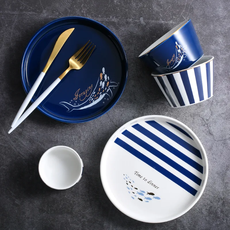 Nordic gold ceramic dishes Western blue Salver breakfast plate salad plate cute dessert tray  blue kitchen accessories Solid