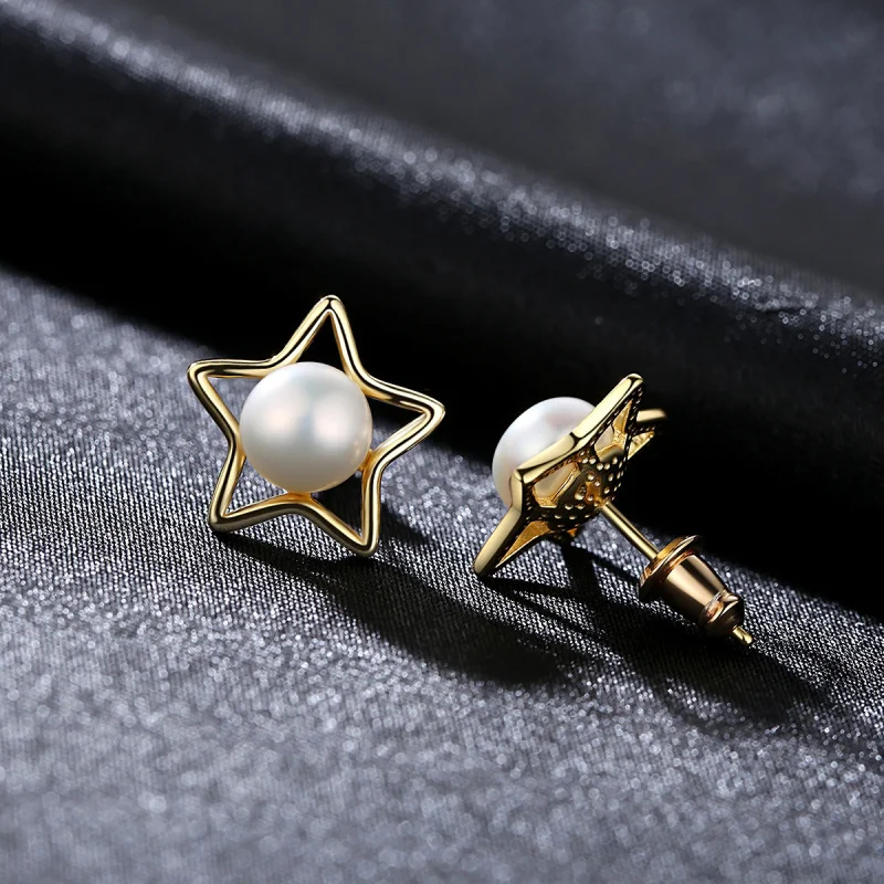 JOYMARK Genuine Natural Fresh Water Pearl Star 925 Sterling Silver Stud Earrings Elegant Women Jewelry JPSE004