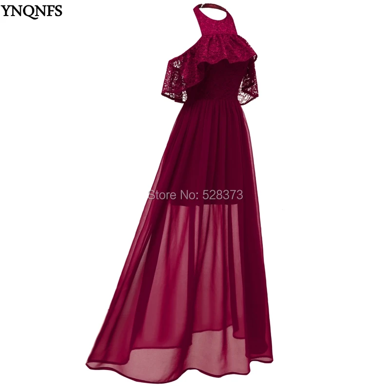 YNQNFS BD81 Real Wedding Guest Dress Chiffon Halter Off Shoulder High Low Bridesmaid Dresses Burgundy Navy Blue 2019