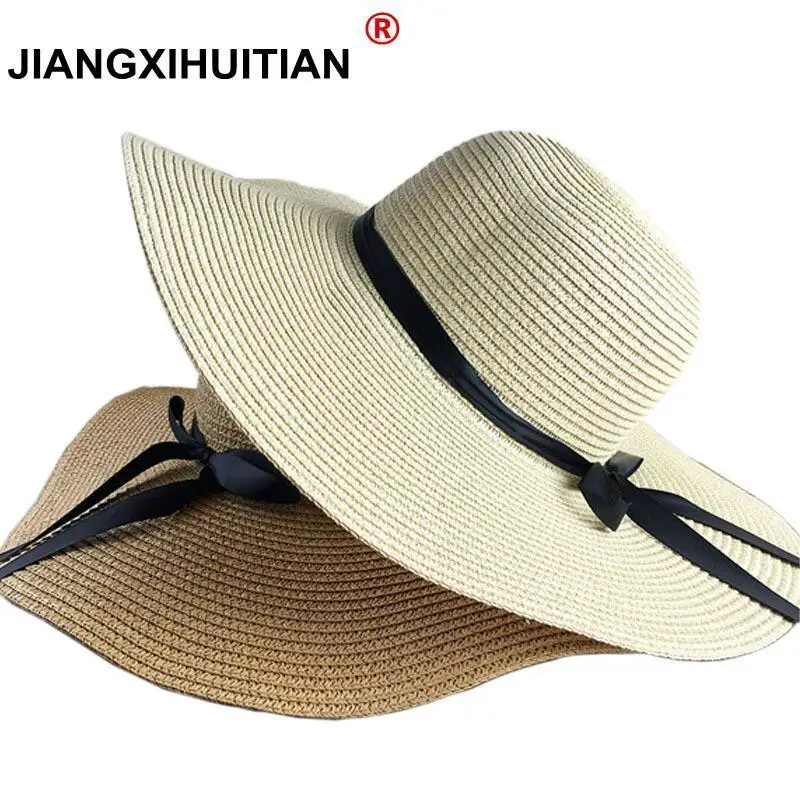 Summer Hats For Women Chapeau Femme Sun Hat Beach Panama Straw Hat Large Wide Brim Black Ribbon Bow Visor Bone Female Cap