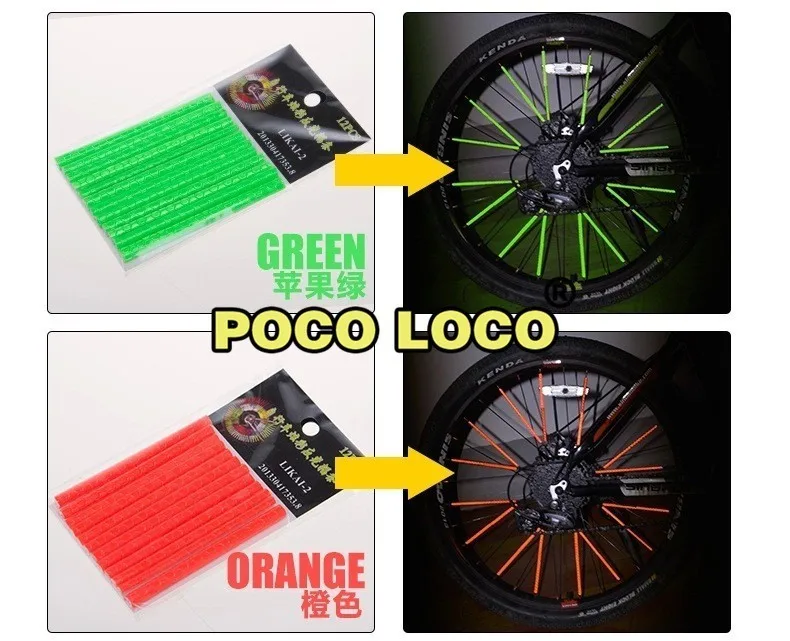 Green Waterproof Bicycle Spokes Reflectors Bike Wheel Tube Rim Colorful Reflective Spoke Clips Warning Stripe Tube 12pcs/lot