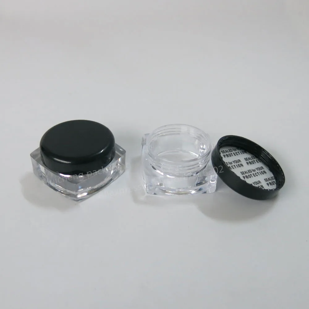 100 x 3 g transparente, quadratische, nachfüllbare PS-Cremedose, schwarzer Kosmetikbehälter, 3 ml transparente Plastikflasche, Probenglas