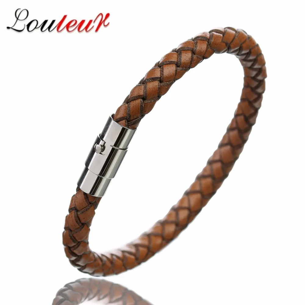 New Handmade Gold Color Vintage Men Leather Bracelets Stainless Steel Magnetic Clasp Braided Black Brown Male Bangles