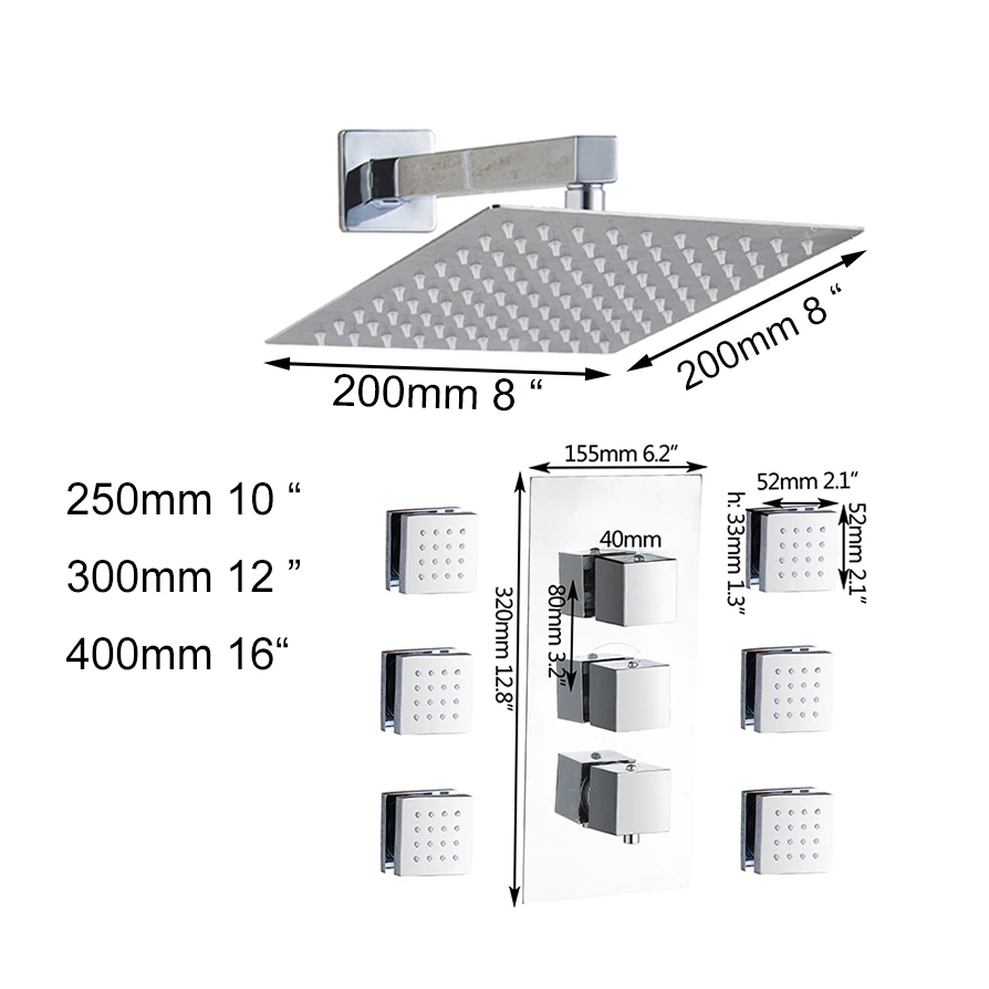 Monite Bathroom 8 10 12 16 Shower Head Wall Mounted LED Square Brass Rainfall Shower Set New 6 Jets Rainfall Bathroom Shower Tap