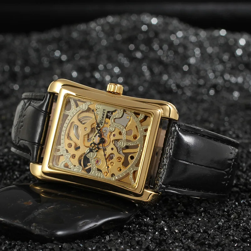 2018 Winner Brand Retro Casual Series Rectangle Dial Design Golden Pattern Hollow Skeleton Watch Men Top Brand Luxury Mechanical