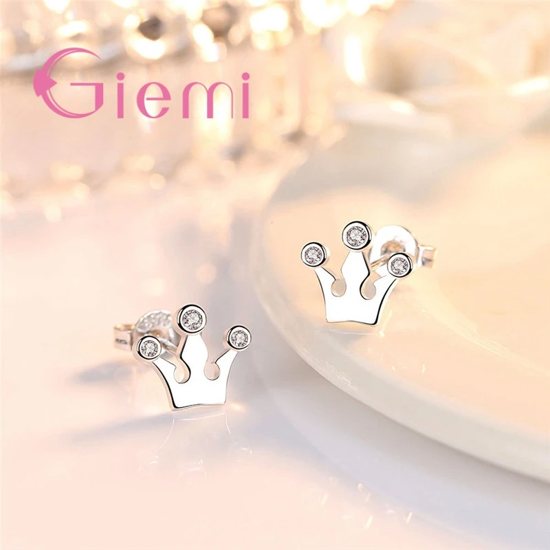 Real 925 Sterling Silver  Crown Stud Earrings Design AAA Cubic Zirconia For Women Wedding Party Jewelry Valentines Day Gift