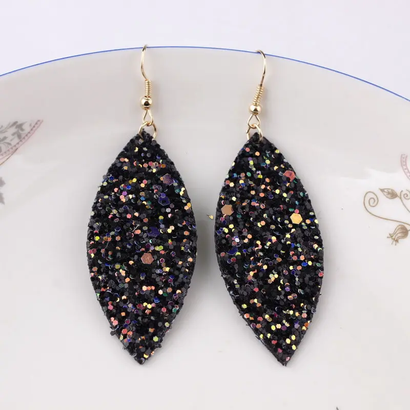 ZWPON 2019 New Spring Marquise Glitter Leather Leaf Earrings for Women Fashion Sequins Looking Various MultiColors Jewelry Long