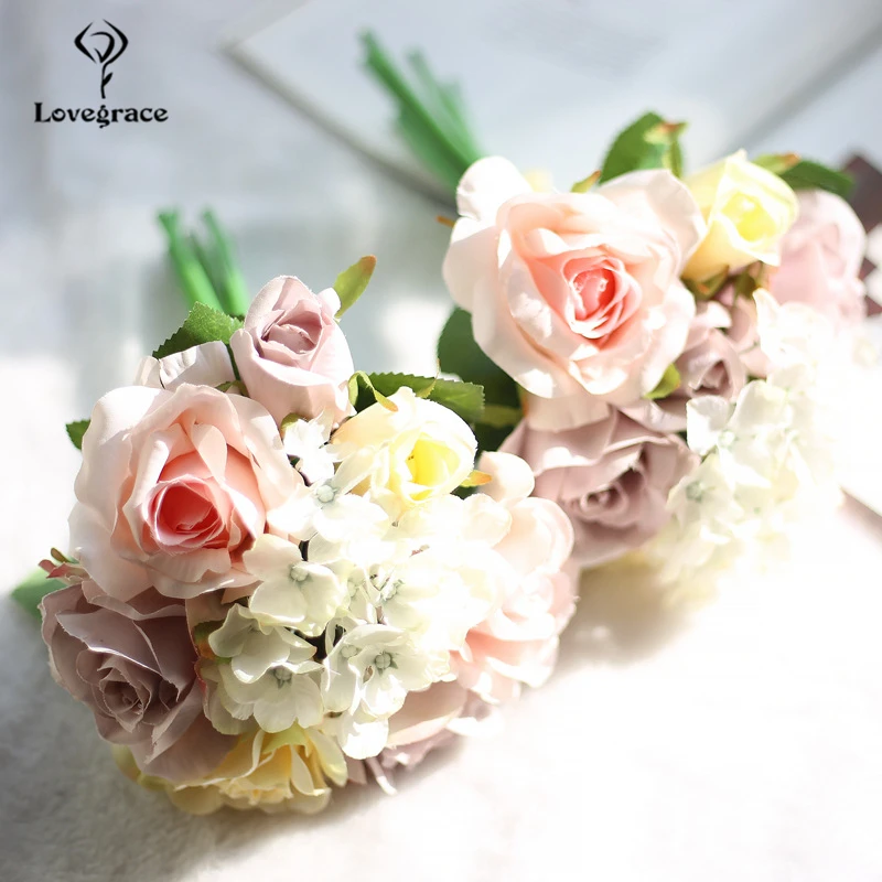 Lovegrace  Artificial Silk Hydrangea Peony Ranunculus Posy Flowers Wedding Bouquet Home Decoration Handmade Wedding Accessories