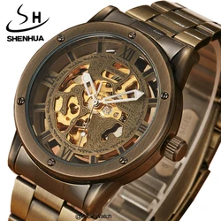 SHENHUA-Reloj mecánico automático de acero para hombre, cronógrafo de lujo con esqueleto dorado, Masculino