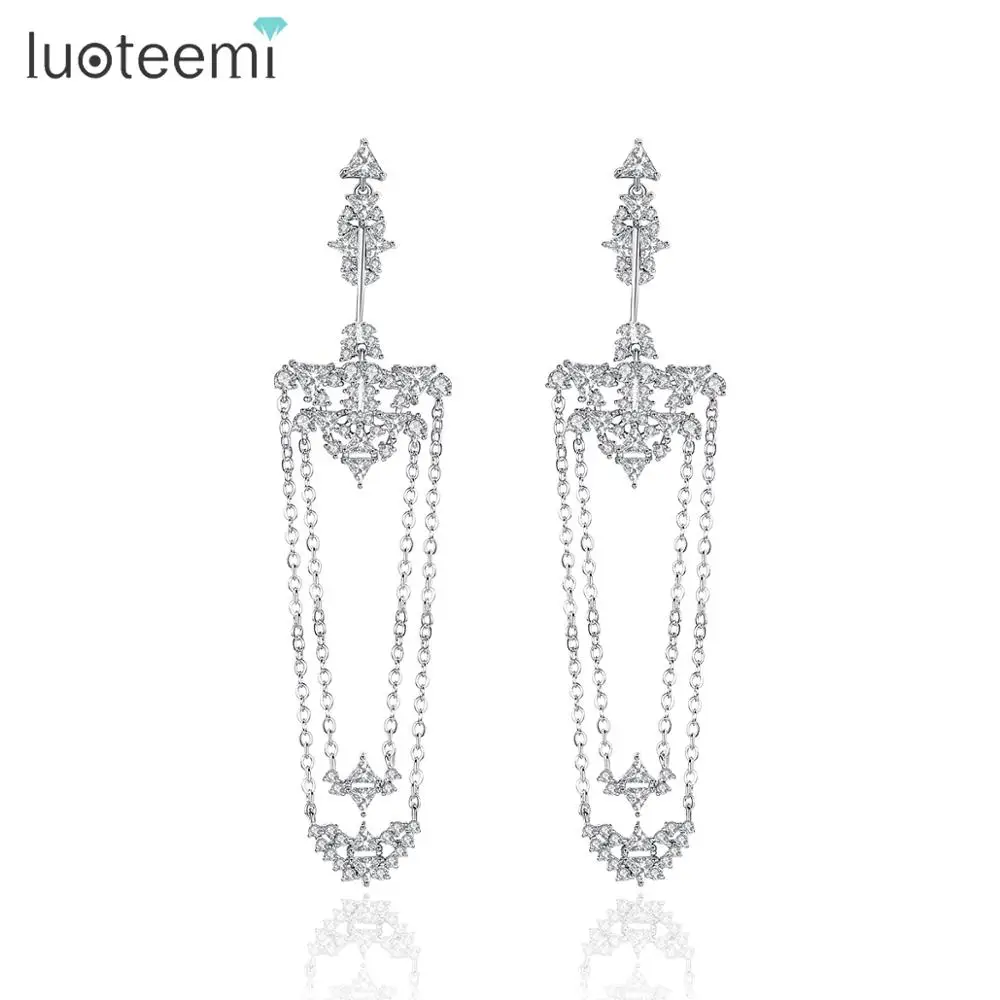 LUOTEEMI New Exquisite Long Chain Zirconia Drop Earrings for Women Luxury CZ Classic Wedding  Bridal Earring Christmas Gift