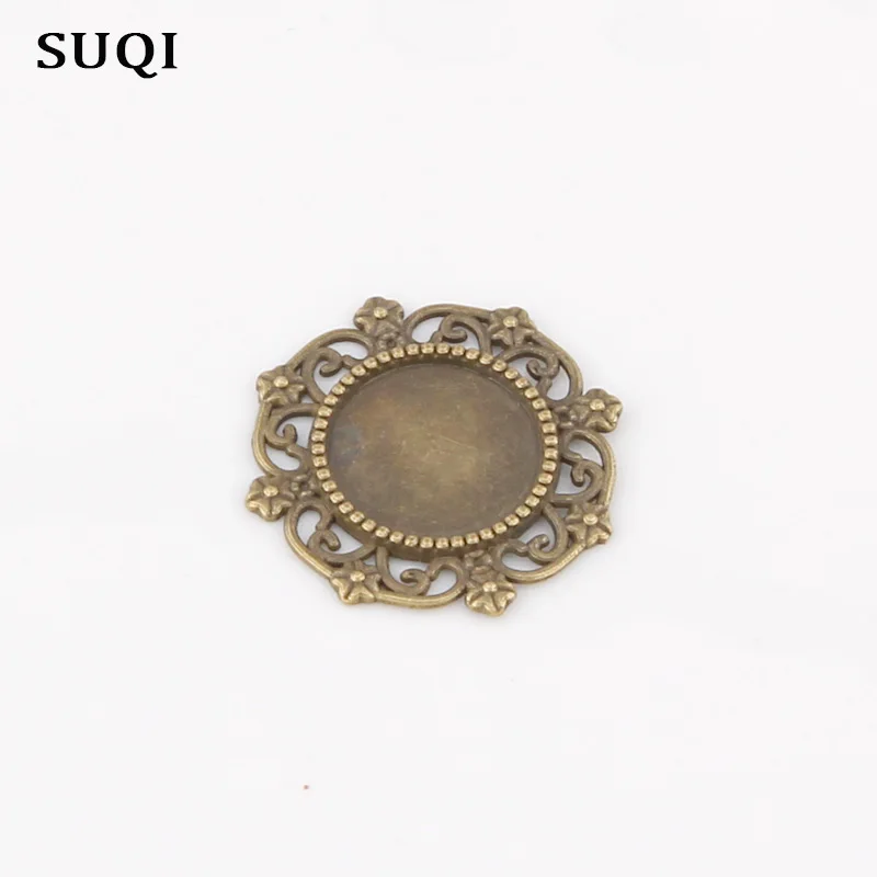 SUQI 10pcs 14mm zinc alloy bronze Cameo queen crystal glass Cabochon Base Setting Charms Pendant necklace brooches accessories