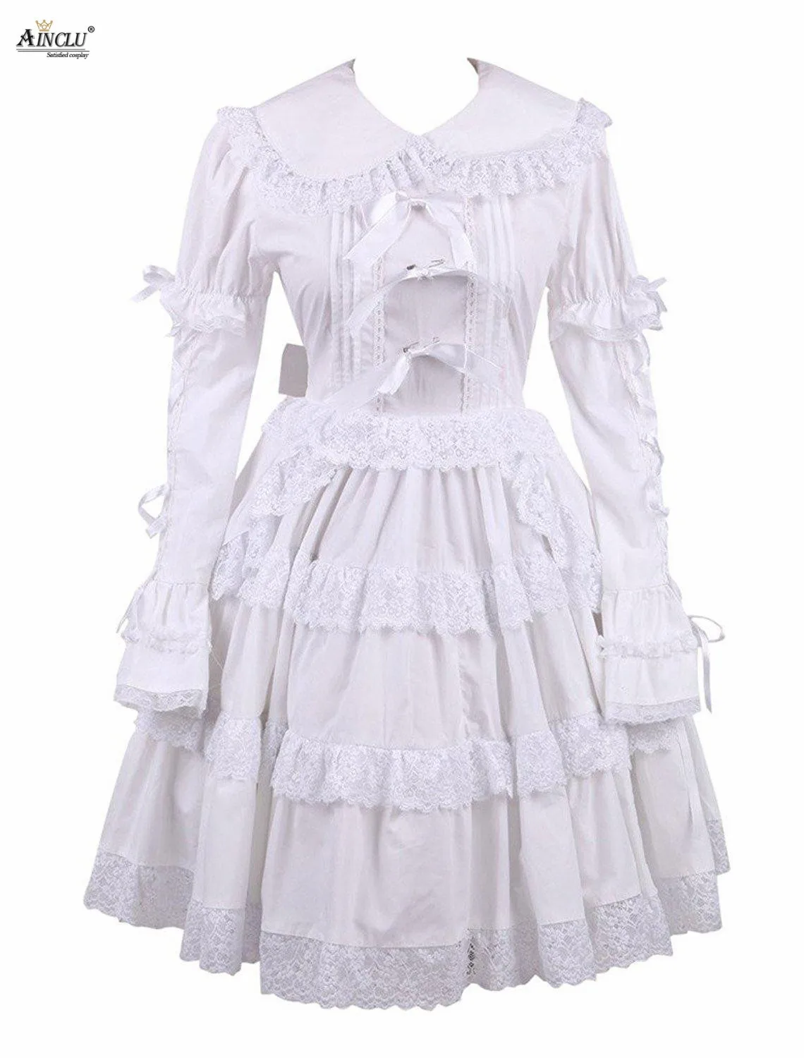 Ainclu – robe mi-longue en dentelle blanche XS-XXL, coton de haute qualité, nœud en dentelle, ligne a, douce, Lolita, livraison gratuite pour fête/décontractée