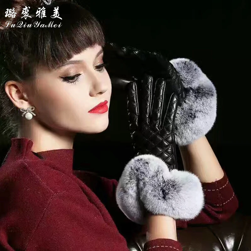 Genuine Leather Gloves Touch Screen Warm Real Rex Rabbit Fur Glove Mittens Female Luxury Russian 2017 New Leather Gloves Women