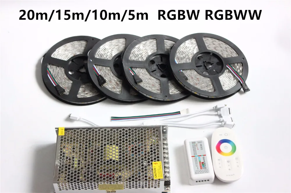 

15m 20m 10m 5m RGBW RGBWW led strip Waterproof IP67/65/20 5050 tape ribbon 12V + RF Remote Controller + Power adapter Kit