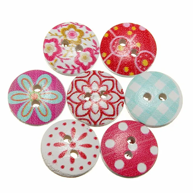 50 PCS 15mm Mixed Round Retro Floral Printing Pattern 2 Holes Wood Decorative Button For DIY crafts Wedding Decor Accessories