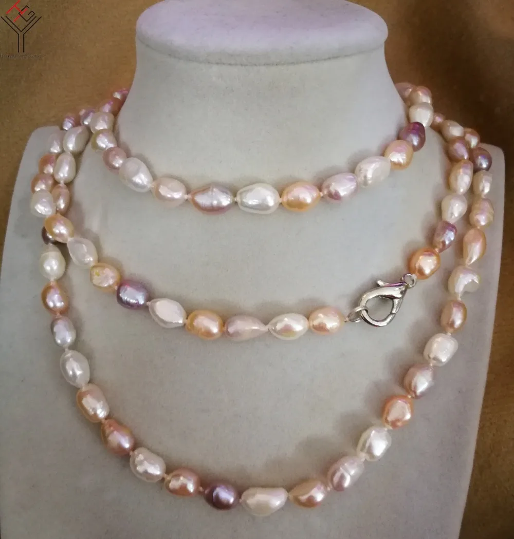 120cm 47inch 9x10mm white pink purple mixed baroque pearl necklace Jewelry Real cultured freshwater pearl gift