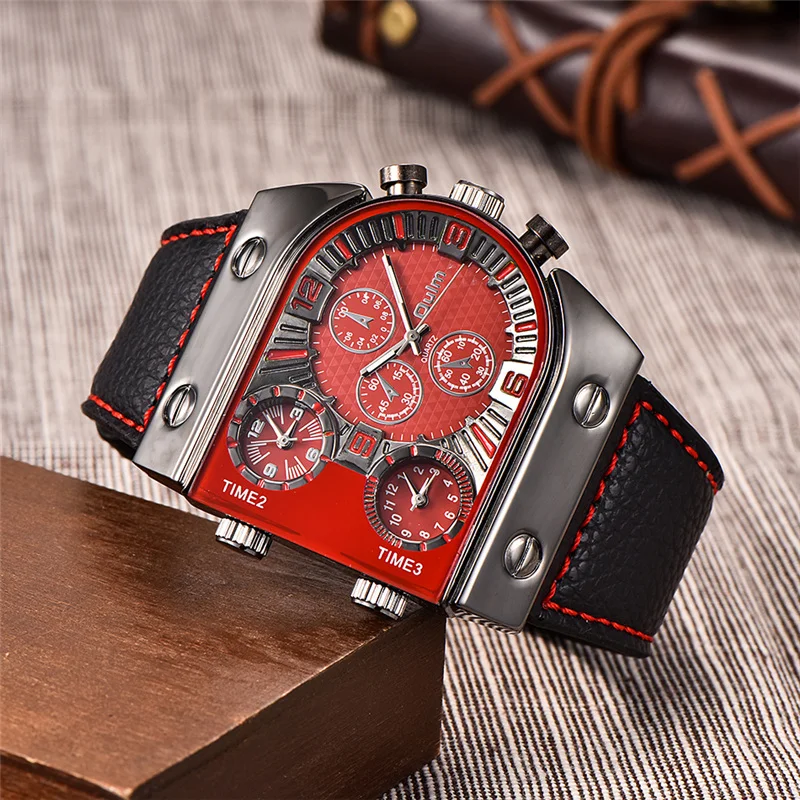 Oulm 9315 Three Time Zone Watch Unique Design Outdoor Sports Wristwatch Male Clock Casual Leather Strap Men\'s Wrist Watches