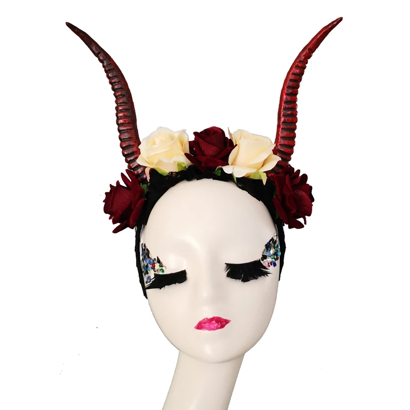 

Steampunk Demon Evil Skull Antelope Rose Headband Cosplay Costumes Halloween Party Horn Headwear Prop Gothic Headdress