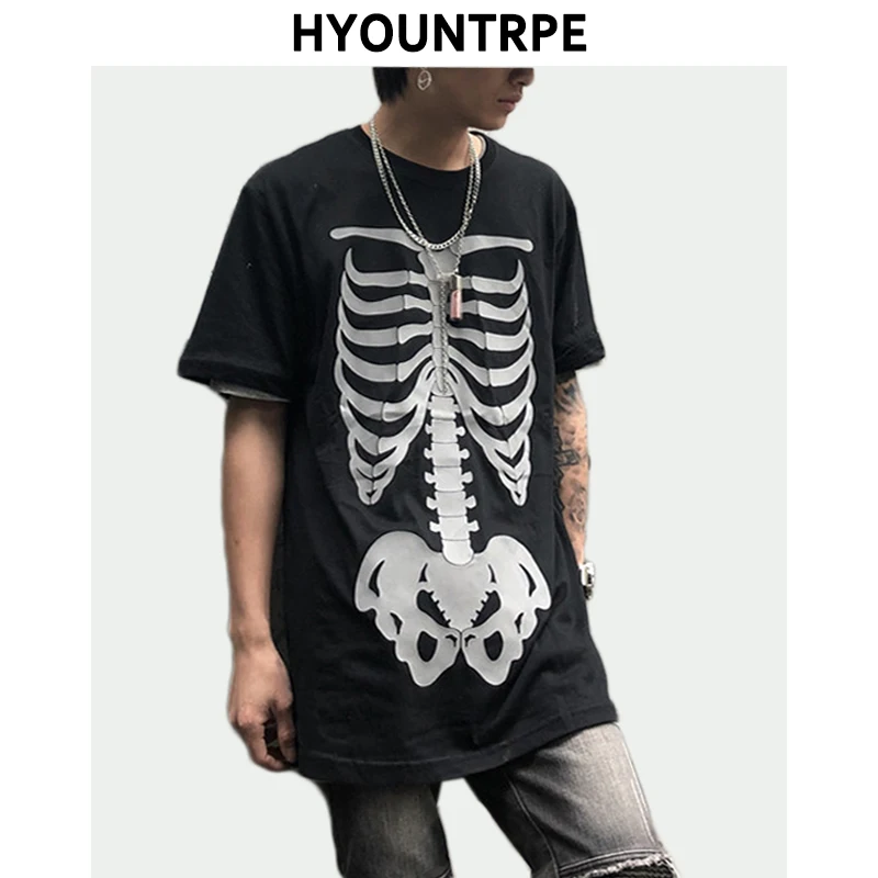 Men's Fashion Reflective Skull Printed T-shirts New Casual Loose Short-sleeved Crew Neck Tees Hip Hop Streetwear Loose Tops