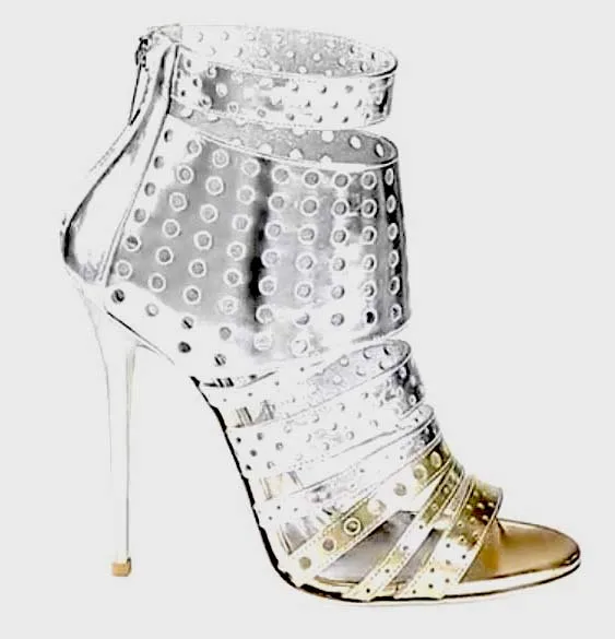 Golden Silver Patchwork Perforation Leather Summer Ankle Boots Cut Out Sandals Boots Peep Toe Gladiator Stiletto Heels Sandalias