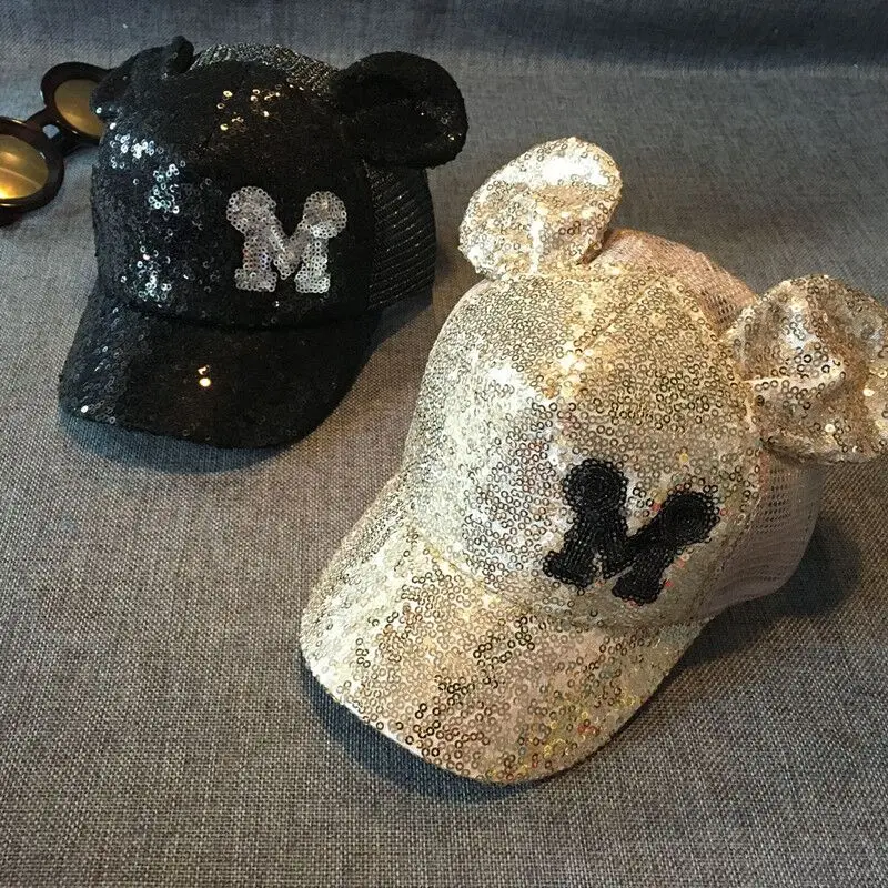 2018 new lovely Baby Girls Sequins M letter Horn Lace Baseball Caps Children Snapback Mesh caps Adjustable Sun Hats Decoration