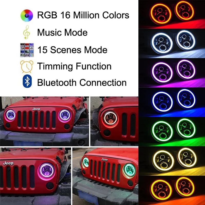 

7'' LED Headlights Bulb RGB Halo Angel eye with Bluetooth Remote for 97-16 Jeep Wrangler JK CJ LJ Hummer H1 H2 Headlamp