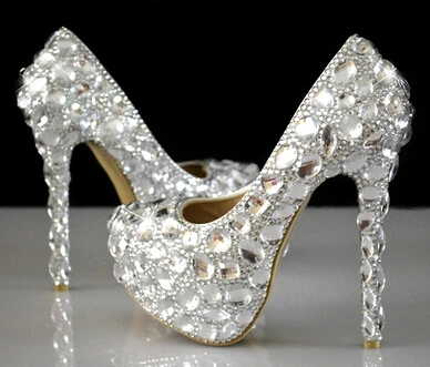 Crystal Rhinestone Women Wedding Shoes White Bridal Shoes Big Size 42 43 Married High-heel Shoes Female Diamond Escarpins