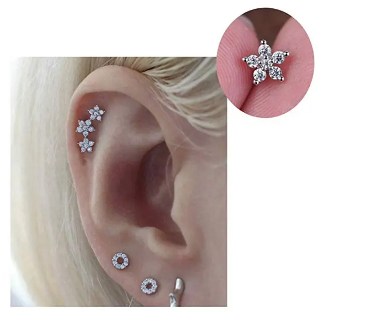 Lot50pcs Body Jewelry-  Shine CZ Ear Studs/Earring Helix Bar Upper Earring Body Piercing Tragus Diath Earring 16g Heart Flower