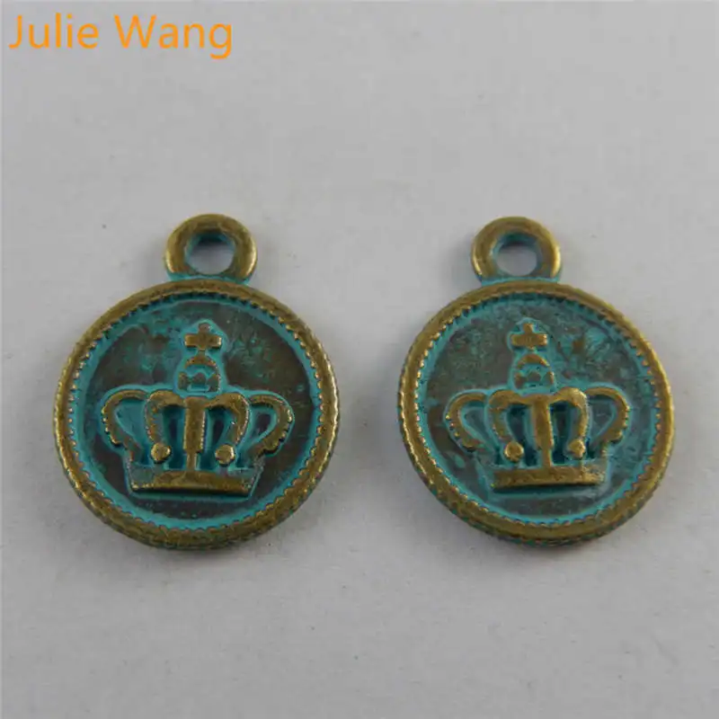 Julie Wang 20pcs Antique Bronze Green Crown Coin Charm Pendant Alloy DIY Bracelet Necklace Jewelry Making Metal Accessories