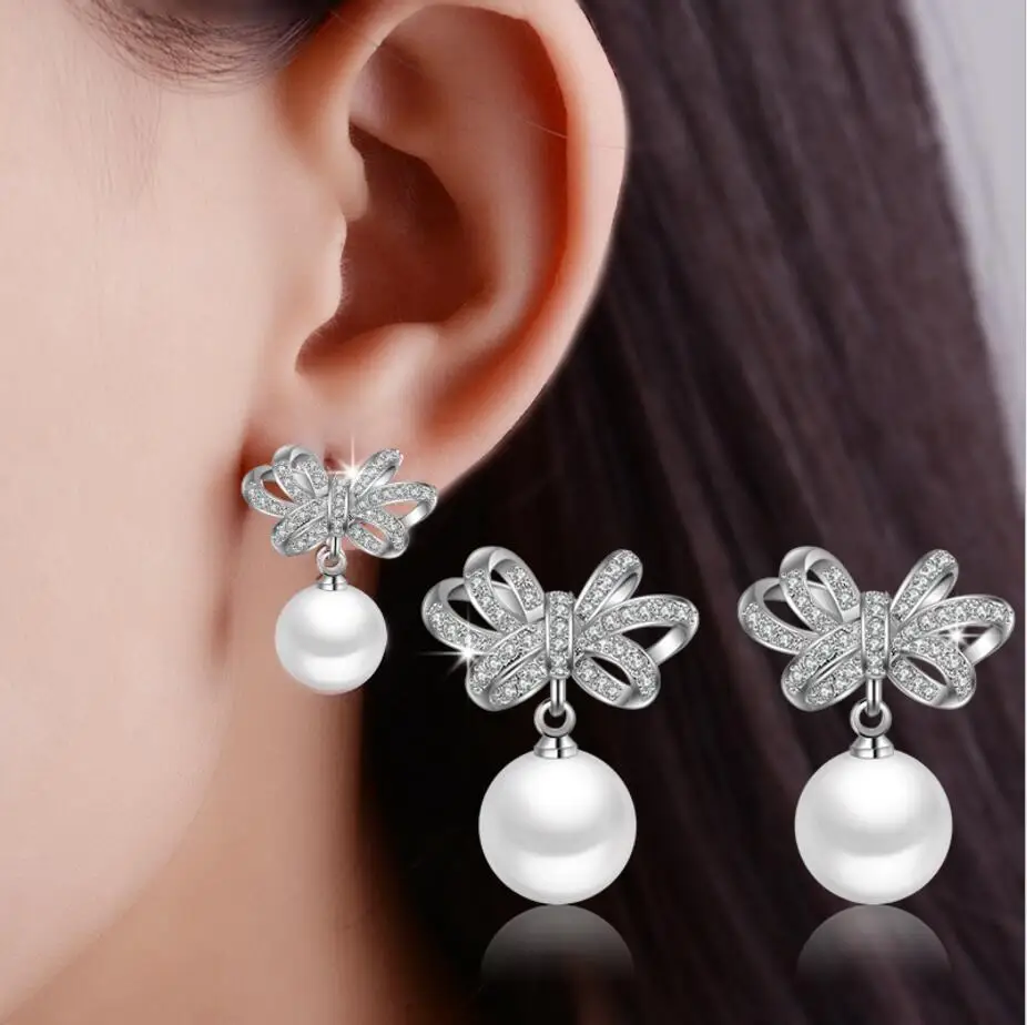 

925 silver needle Jewelry Shiny Cz Zirconia Bowknot Pearl Stud Earrings Pendientes Boucles D'oreilles Oorbellen S-e351