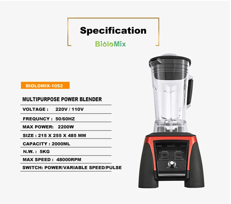 BioloMix Super Heavy Duty Commercial Professional Power Blender Juicer Food Processor Mixer 3HP 45000RPM 2200W BPA free 2L Jar