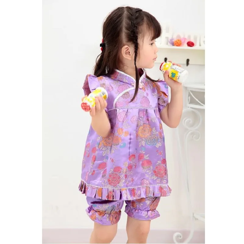 

Purple Peony Baby Girls Clothes Sets Chinese New Year Qipao For Children Tops Hot Shorts Floral Bebe Rompers Chi-pao Cheongsams