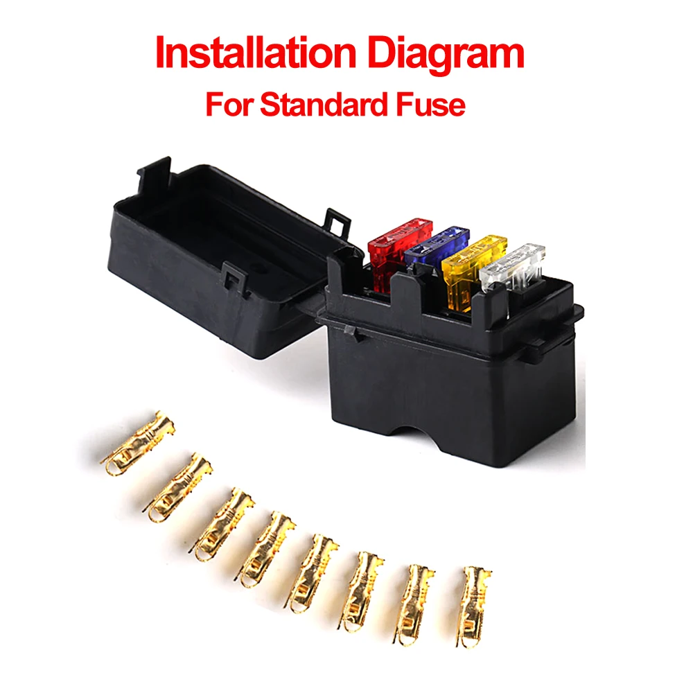 4 Way Black Car Medium Relay Fuse Box Assembly with 8pcs Gold Terminals Car Insurance Holder