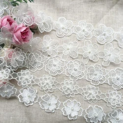 White Pearl Flower Handmade Beaded Embroidered Lace Edge Trim Ribbon Double Layered Applique Dress DIY Sewing Craft