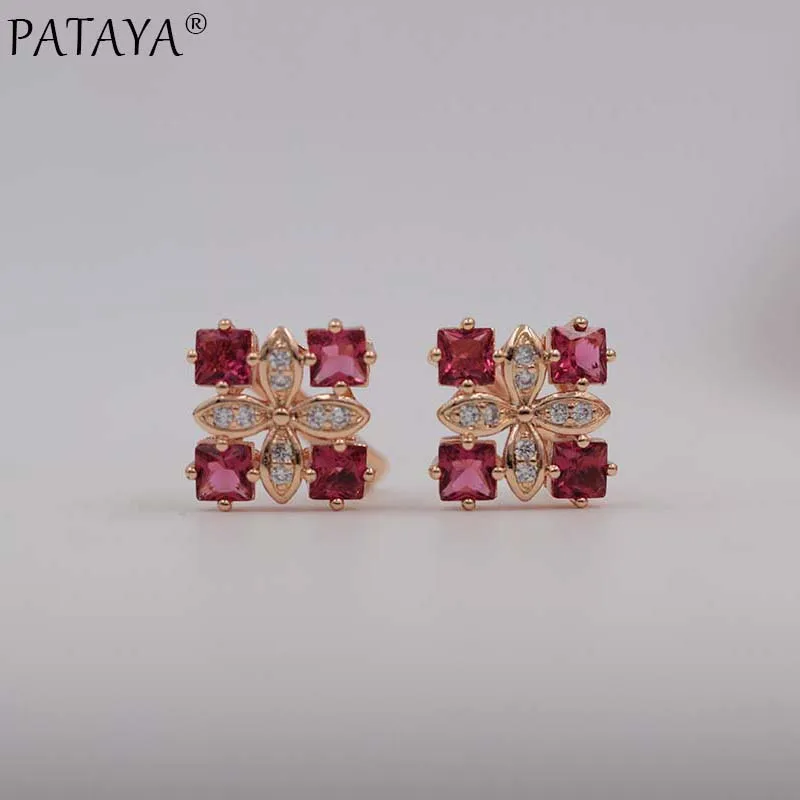 PATAYA New Arrivals Women Square Luxury 585 Rose Gold Color Blue Natural Zircon  Earrings Wedding Jewelry Bridal Party Earrings