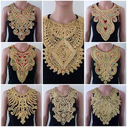 1pc Craft Gold collar Venise Sequin Floral Embroidered Applique Trim Decorated Lace Neckline Collar Sewing