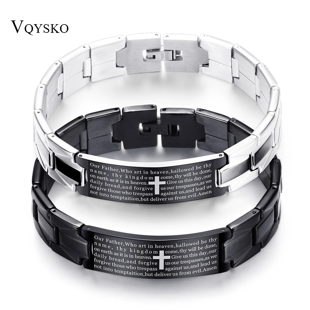 VQYSKO Cross Pattern Stainless Steel Bracelet In Black Color Scripture Religious Bangle Bracelets for Men